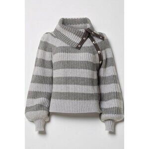 Derek Lam 10 Crosby Gray Striped Button Neck Sweater Ribbed Knit Small